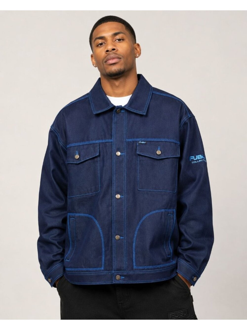 FUBU Vtg Men’s Denim Jacket Contrast Stitch Hip Hop Streetwear Trucker Blue XXL